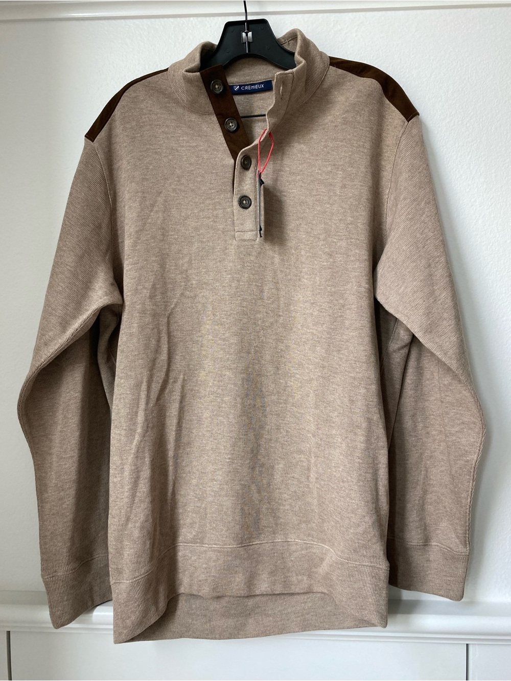 Daniel Cremieux Men’s Beige Zip-Neck Pullover with Brown Shoulder Panels